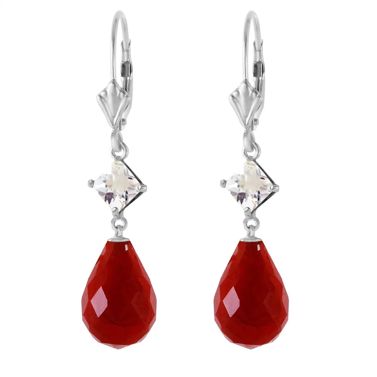 18.6 Carat 14K Solid White Gold Leverback Earrings White Topaz Ruby