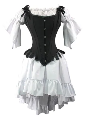 2pc Renaissance Black Corset Vest with White Off Shoulder High Low Dress