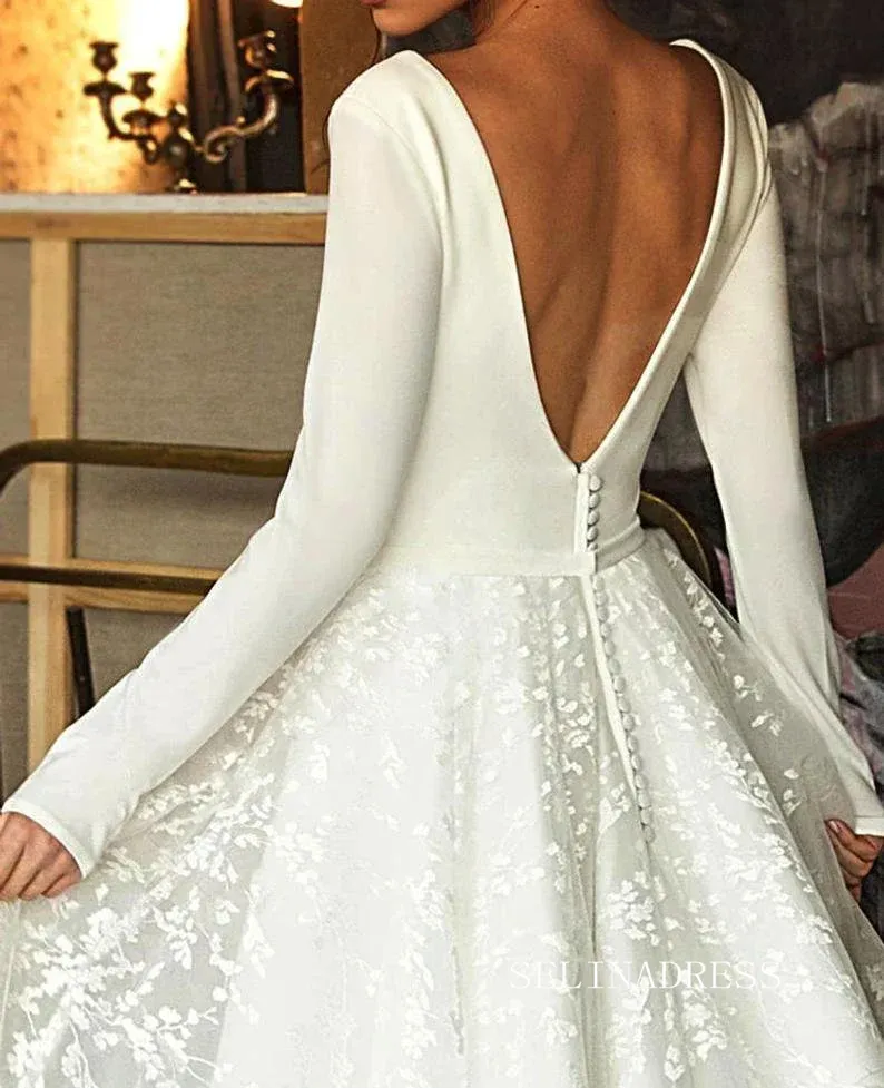 A-line Deep V Neck Long Sleeve Ivory Wedding Dresses Satin Bridal Gowns MHL160