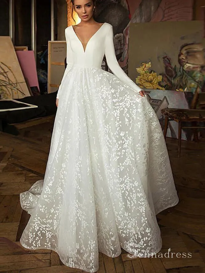 A-line Deep V Neck Long Sleeve Ivory Wedding Dresses Satin Bridal Gowns MHL160