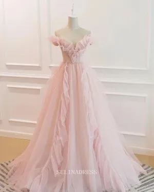 A-line Off-the-shoulder Blush Pink Long Prom Dress Ruffled Formal Dresses Evening Dress KPY064