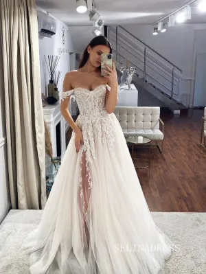 A-line Off-the-shoulder Lace Beaded Wedding Dress Rustic Country Wedding Dresses #KOP082