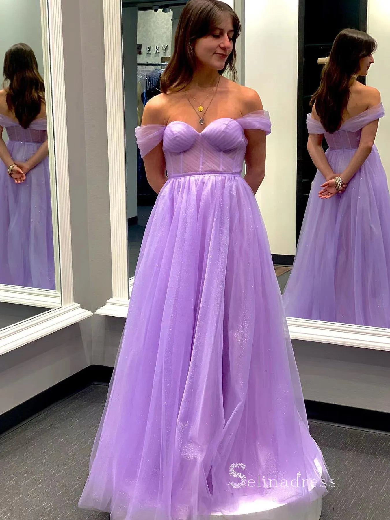 A-line Off-the-Shoulder Lilac Long Prom Dresses Tulle Evening Dresses MLK040