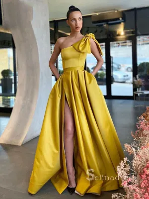 A-line One Shoulder Long Prom Dress With Bow Thigh Split Satin Evening Dresses HLK022