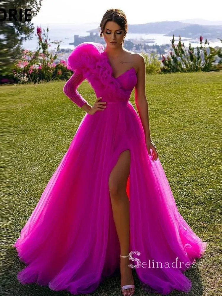 A-line One Shoulder Puff Sleeve Long Prom Dress Fuchsia Tulle Evening Dresses HLK026