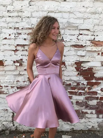 A-line Spaghetti Straps Cheap Short Prom Dress Dusty Pink Homecoming Dress kts099