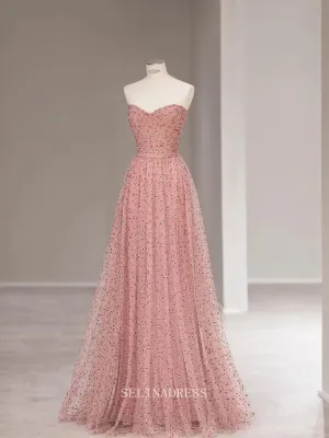 A-line Strapless Pink Long Prom Dress Cheap Beaded Formal Dresses Evening Dress KPY058