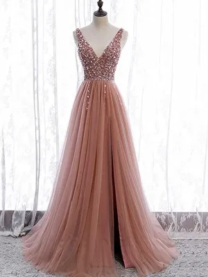 A Line V Neck Dark Pink Beaded Long Prom Dresses, V Neck Pink Long Formal Graduation Dresses