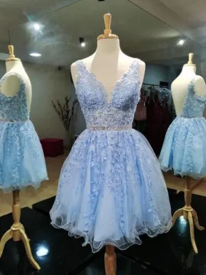 A-line V neck Light Sky Blue Short Prom Dress Lace Apllique Homecoming Dress kts086