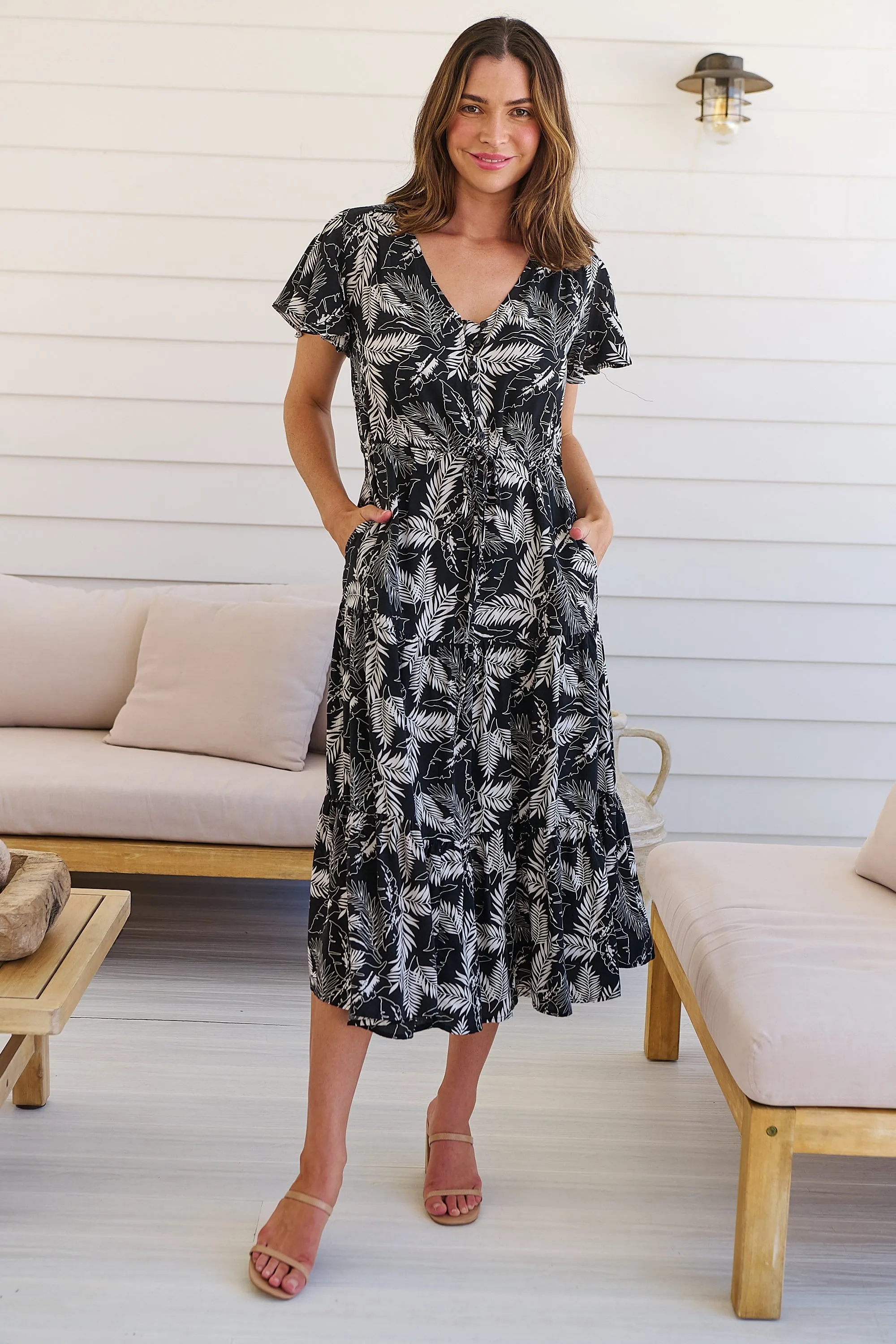 Bailey Black/White Leaf Print Cap Sleeve Midi Dress