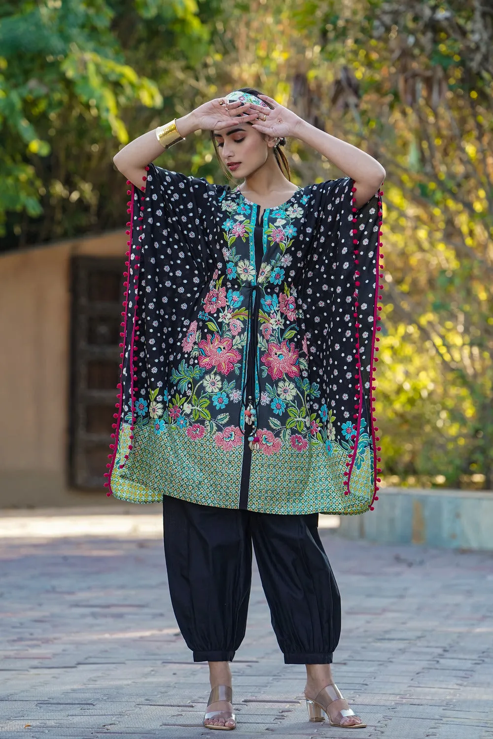 Black Rayon Floral Printed Kaftan