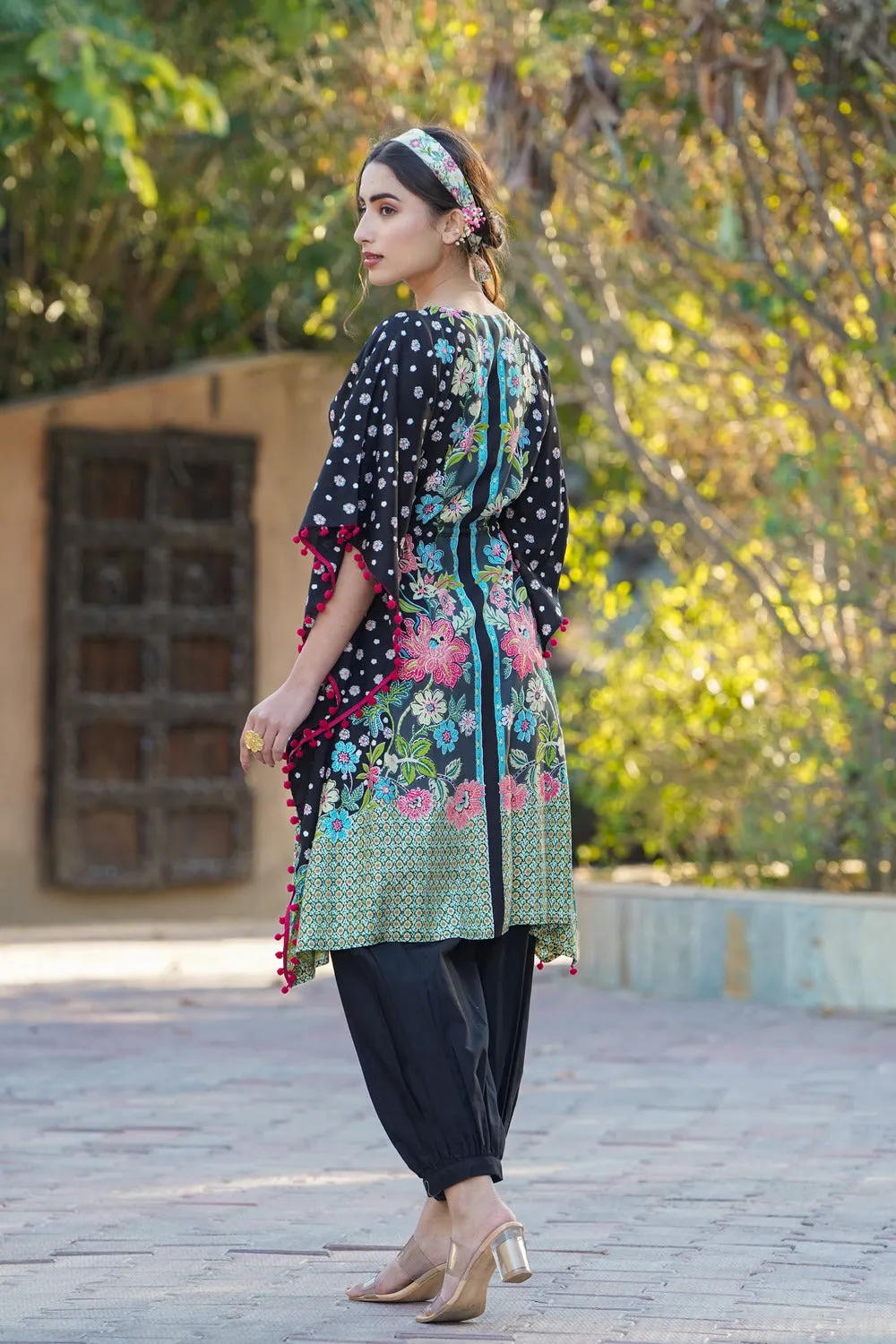 Black Rayon Floral Printed Kaftan