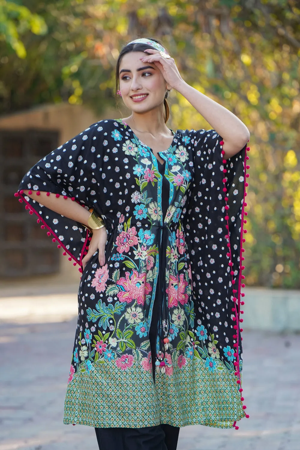 Black Rayon Floral Printed Kaftan