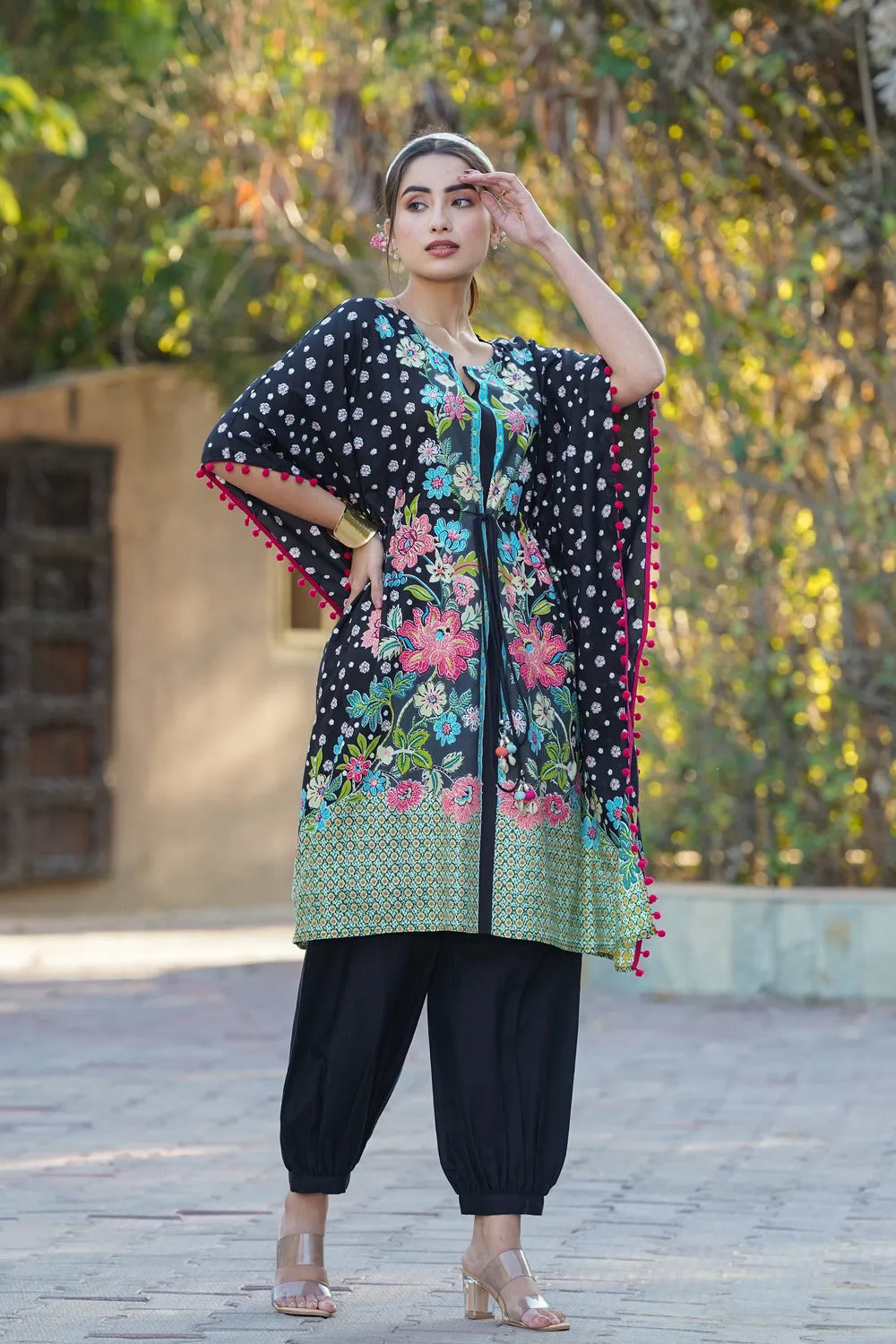 Black Rayon Floral Printed Kaftan