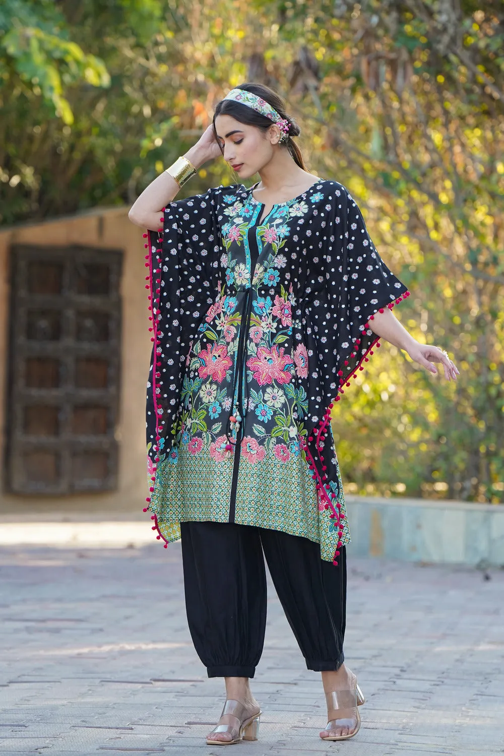 Black Rayon Floral Printed Kaftan