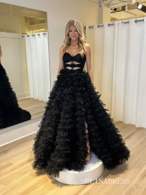 Charming Black Sweetheart Tulle Long Prom Dress with Ruffles - Affordable Evening Gown