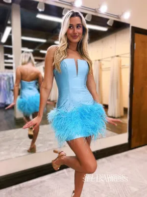 Blue Short Prom Dress Sheath/Column Feather Homecoming Dress EWR460