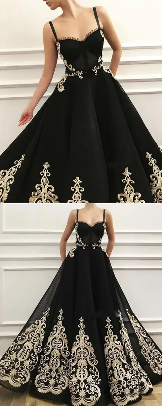 Charming A-Line Black Prom Dresses with Gold Appliques Prom Dress Evening Dress #SED195