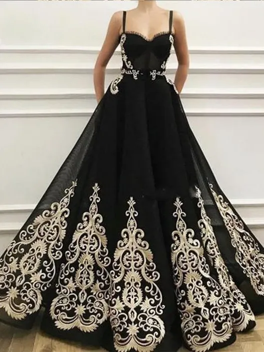 Charming A-Line Black Prom Dresses with Gold Appliques Prom Dress Evening Dress #SED195