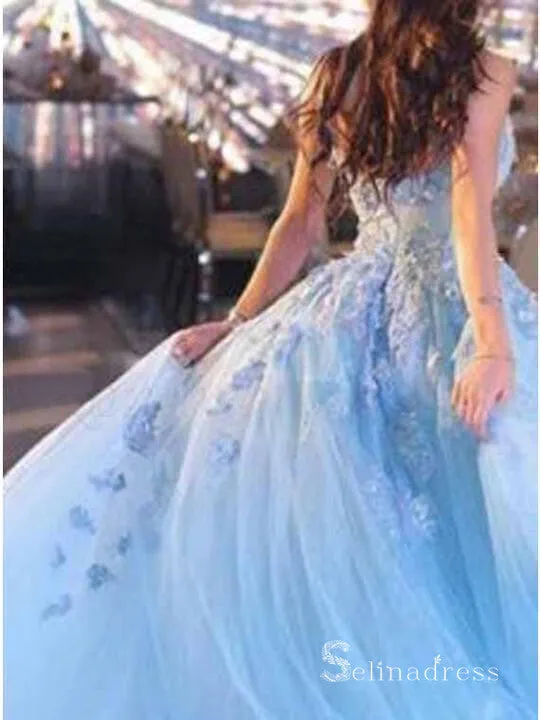 Chic A-line Bateau Light Sky Blue Long Prom Dresses Lace Applique Evening Gowns MHL165