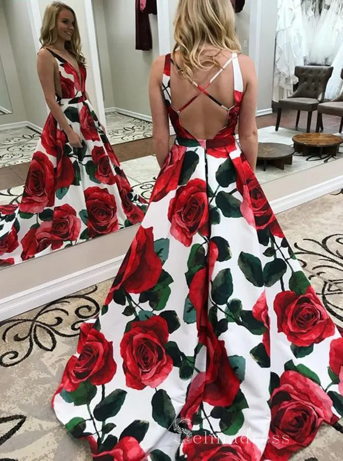 Chic A-line Deep V neck Print Floral Long Prom Dresses Cheap Evening Dress CBD397