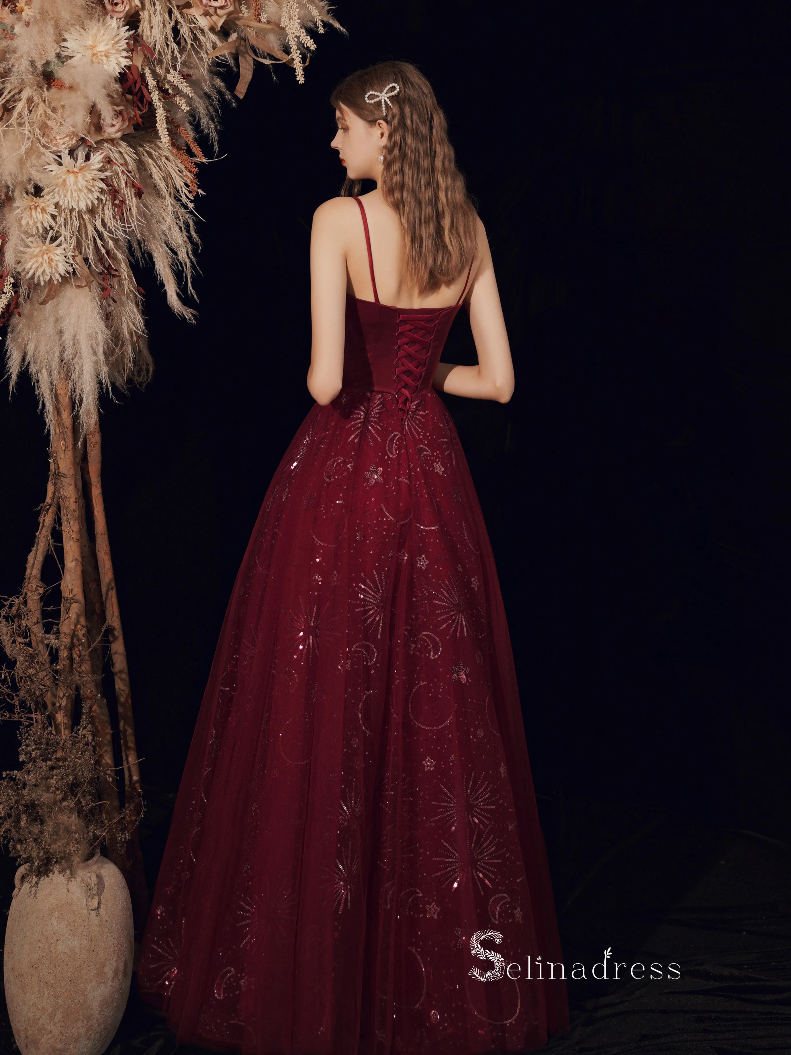 Chic A-line Spaghetti Straps Burgundy Long Prom Dresses With Bow Graduaciones Dress CBD110