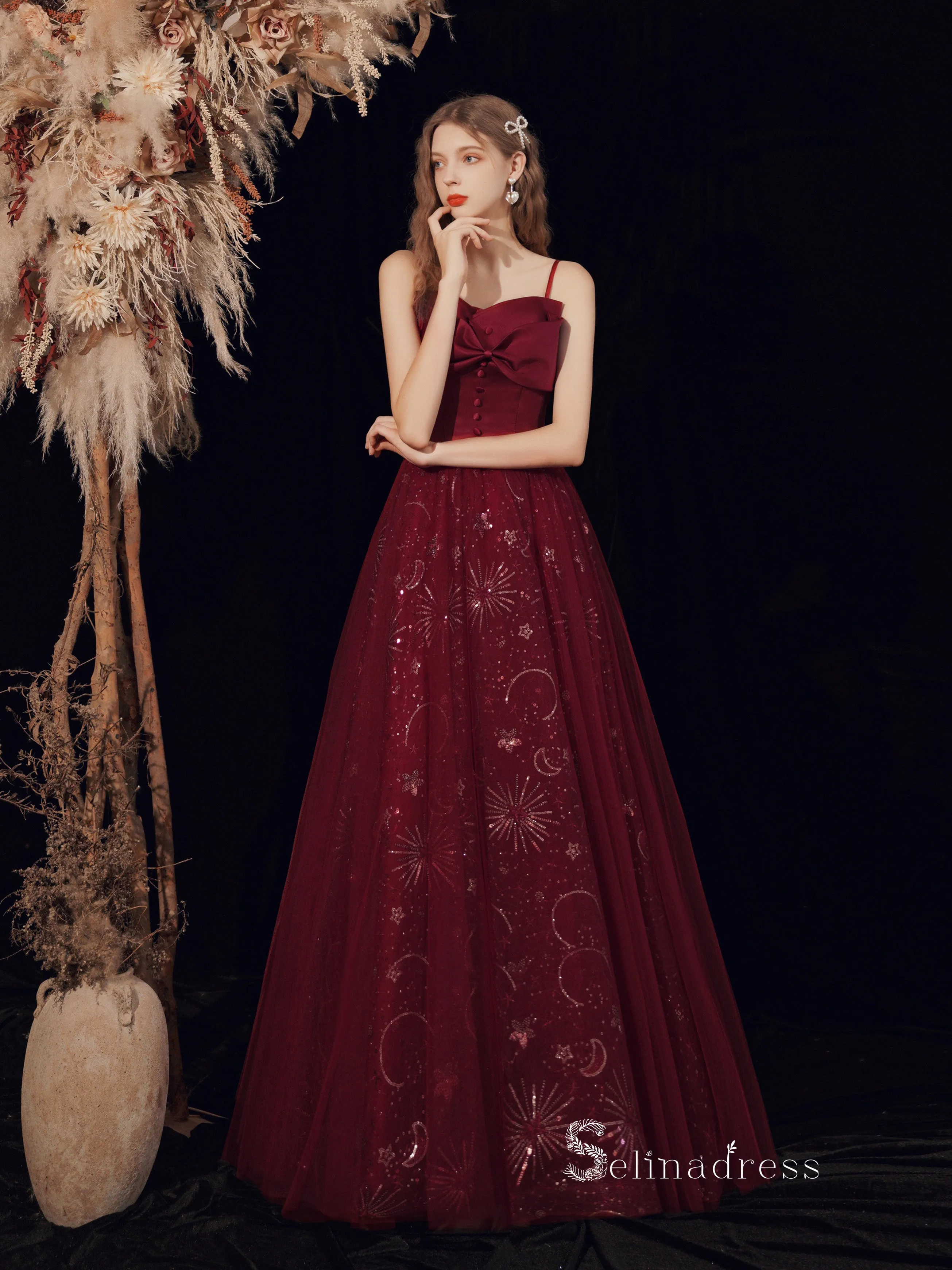 Chic A-line Spaghetti Straps Burgundy Long Prom Dresses With Bow Graduaciones Dress CBD110