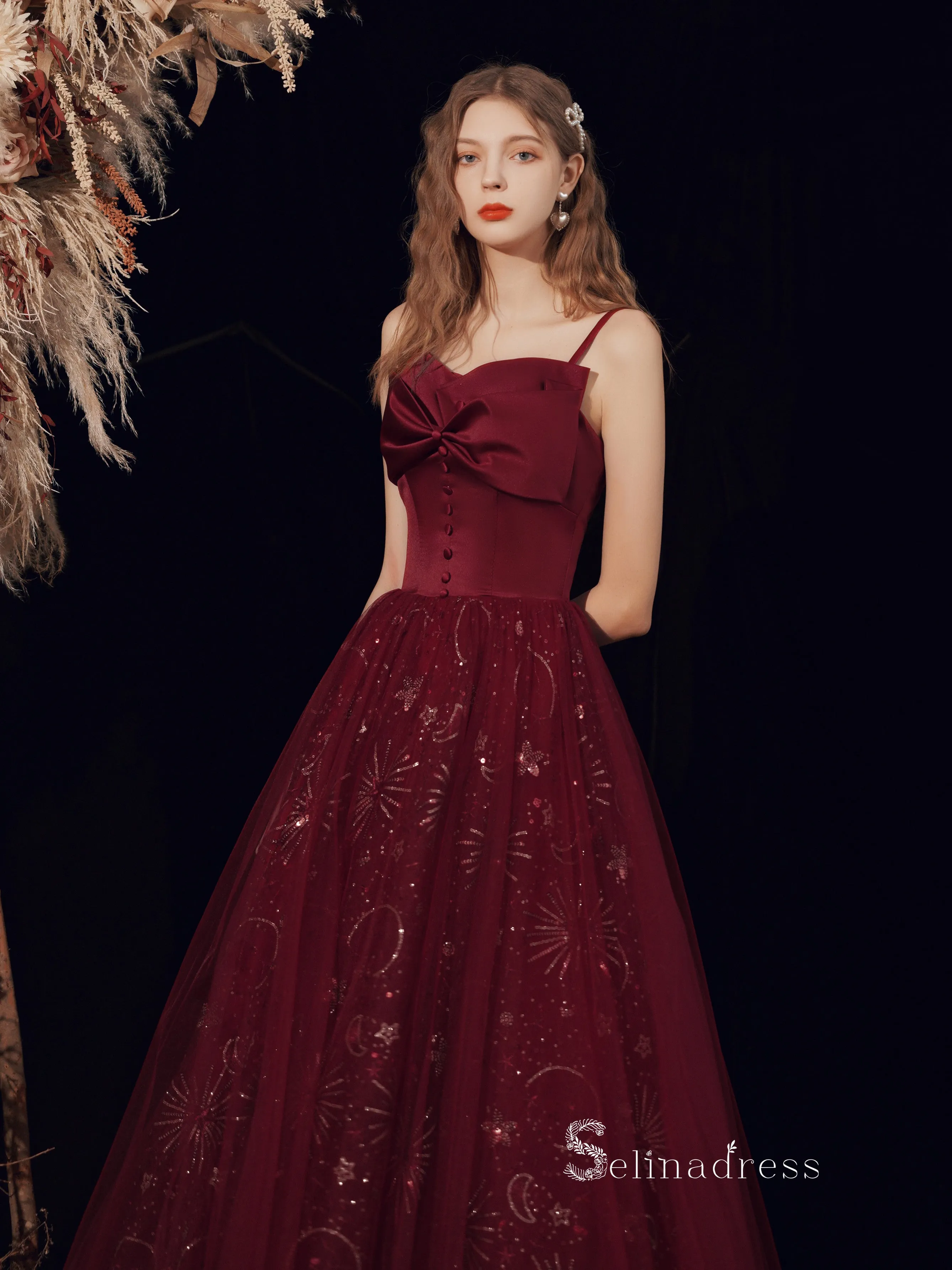 Chic A-line Spaghetti Straps Burgundy Long Prom Dresses With Bow Graduaciones Dress CBD110