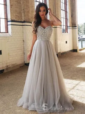 Chic A-line Spaghetti Straps Silver Long Prom Dresses Beaded Evening Dress CBD400