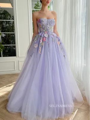 Chic A-line Sweetheart Lavender Long Prom Dress Elegant Floral Evening Gown #OPW030