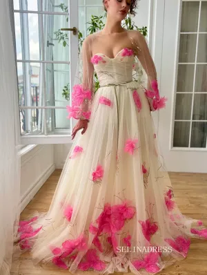 Chic A line Sweetheart Long Prom Dress Pink Flower Party Dress With Shawls JKL3122