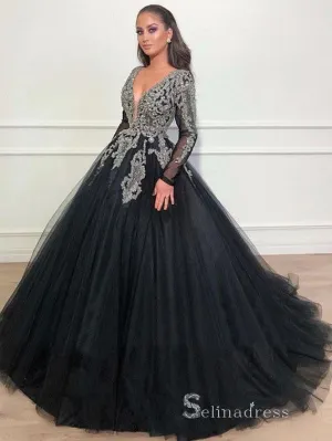 Chic A-line V neck Long Sleeve Prom Dresses Elegant Black Evening Gowns MHL155