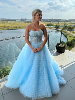 Chic Ball Gown Strapless Light Sky Blue Long Prom Dresses Evening Dresses MLH2011