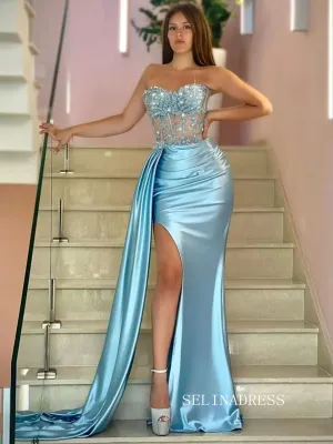 Chic Mermaid Light Sky Blue Long Prom Dresses Elegant Evening Dress sew0217