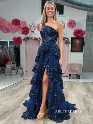 Chic One Shoulder Lace Sequins Long Prom Dresses Elegant Evening Dress sew0333