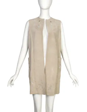 Christian Dior Pre-Fall 2017 'Le Printemps' Hand Painted Beige Suede Longline Vest