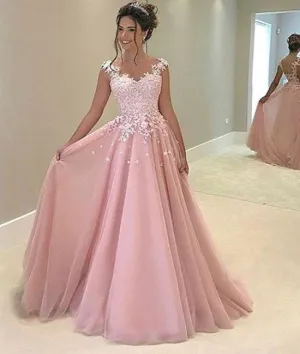 Cute Applique Lace Pink Prom Dresses, Pink Formal Dresses, Pink Evening Dresses