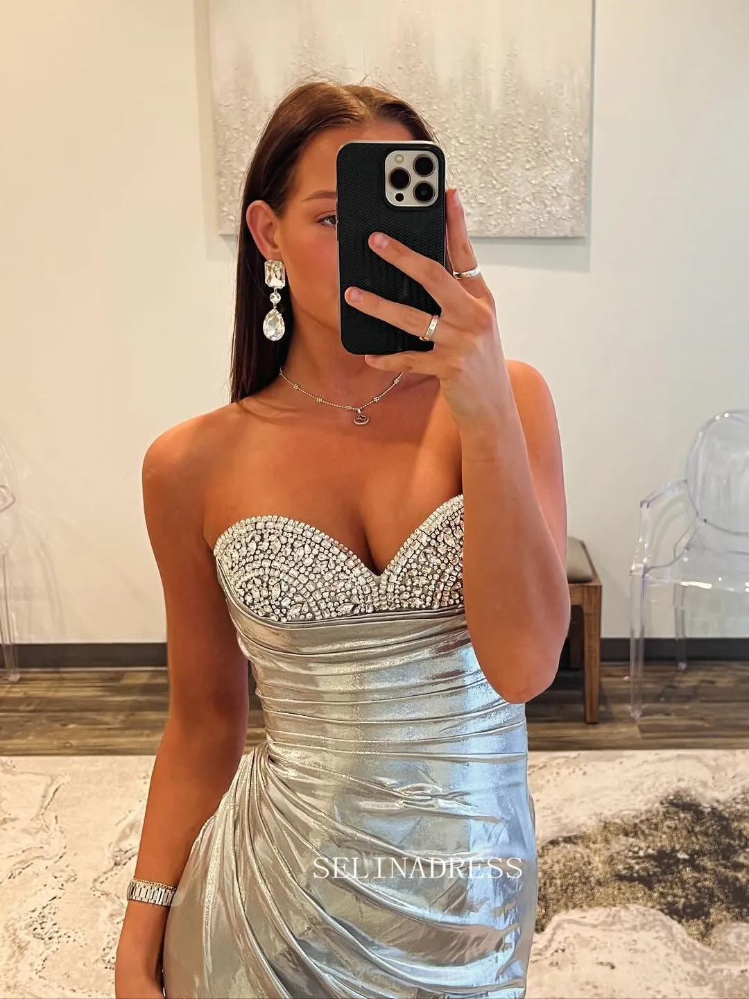 Cute Mermaid Sweetheart Silver Sparkly Long Prom Dress with Slit lpk510