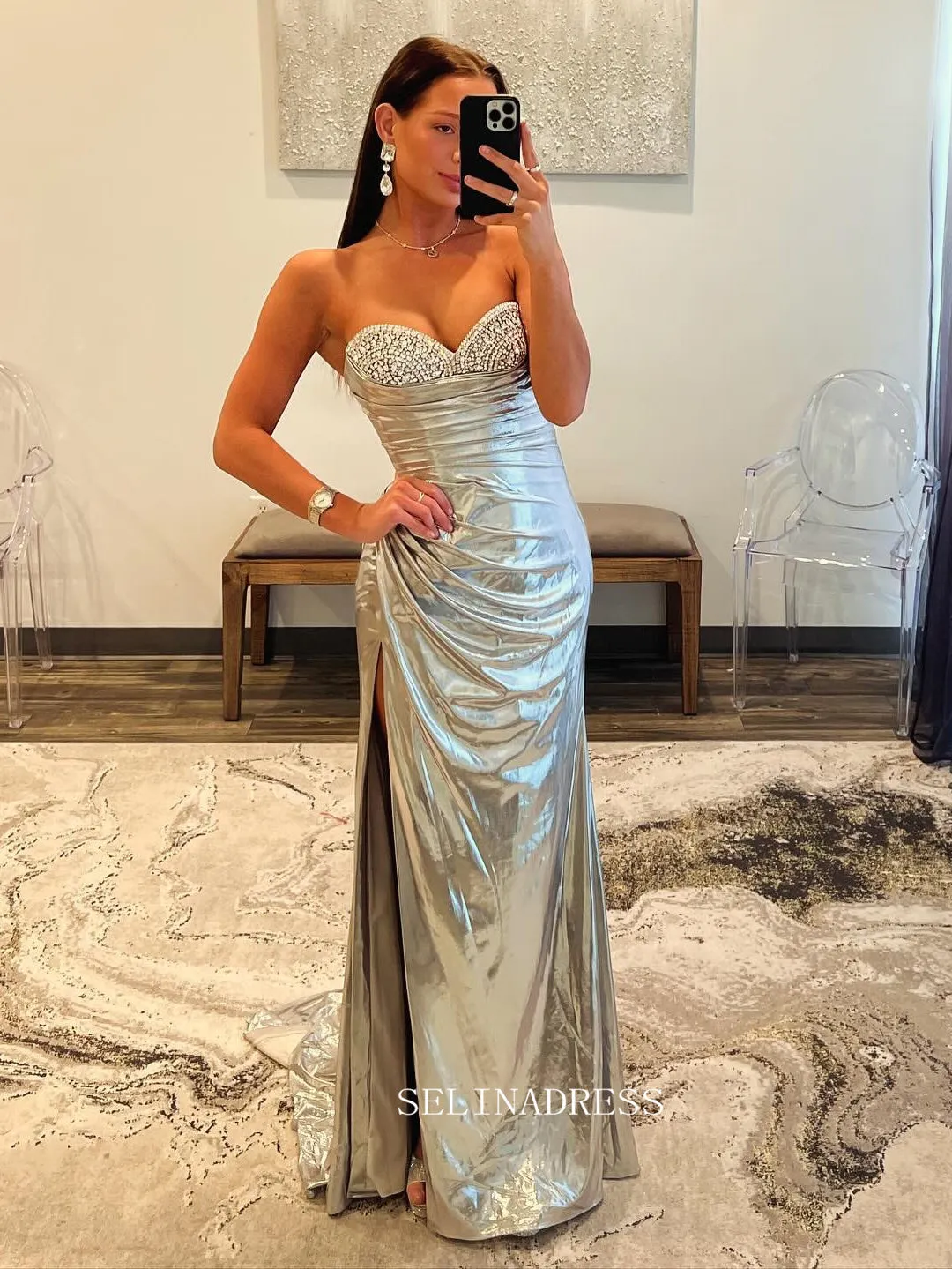 Cute Mermaid Sweetheart Silver Sparkly Long Prom Dress with Slit lpk510