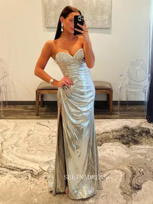 Cute Mermaid Sweetheart Silver Sparkly Long Prom Dress with Slit lpk510