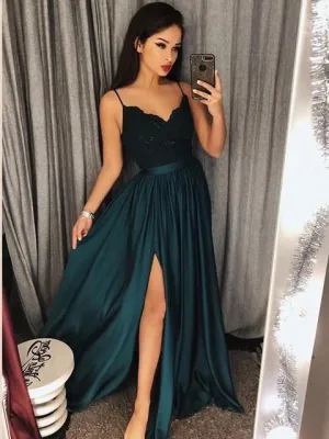 Dark Green Spaghetti Straps Chic Lace A line Prom Dresses  Long Formal Dress Evening Gowns SE006