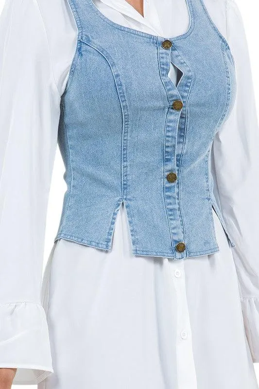 Denim Vest White Collar Dress