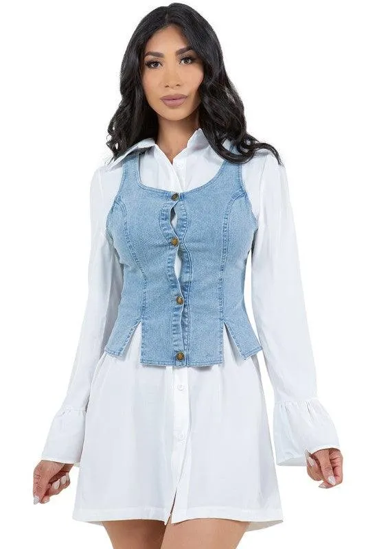 Denim Vest White Collar Dress