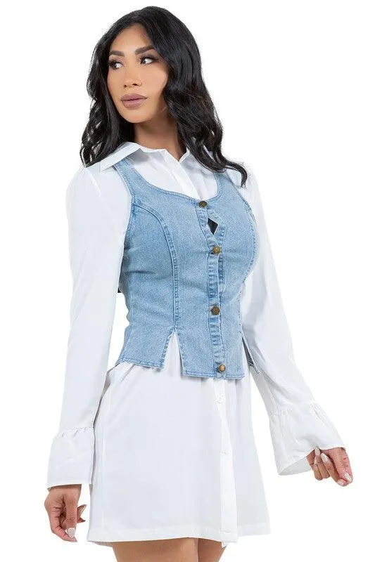 Denim Vest White Collar Dress