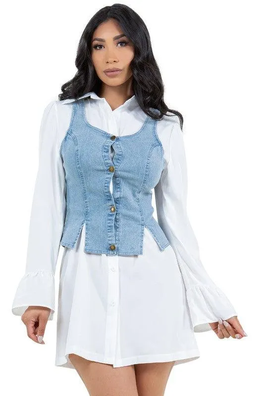 Denim Vest White Collar Dress