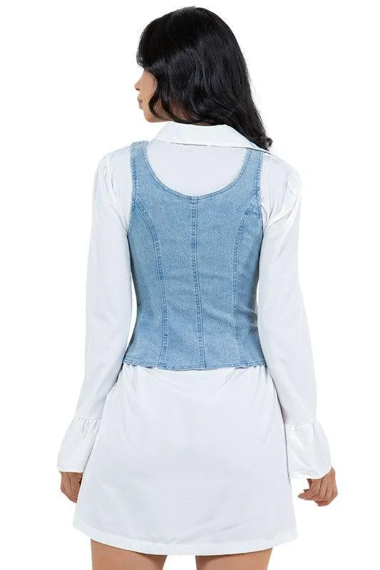 Denim Vest White Collar Dress