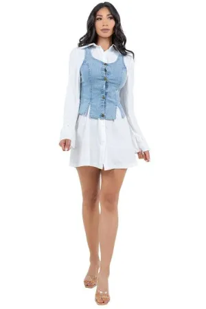 Denim Vest White Collar Dress