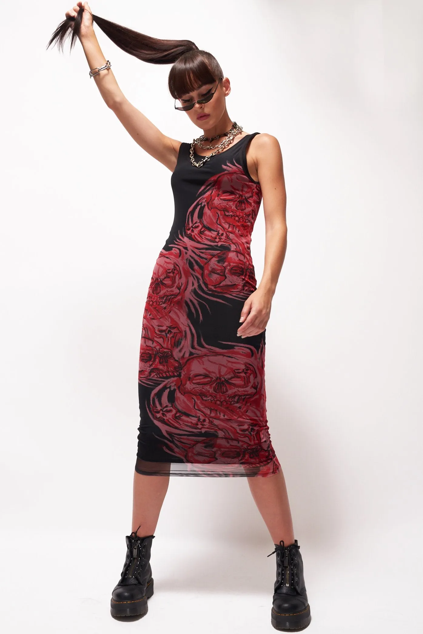 Double Layer Rib & Mesh Skull Print Dress