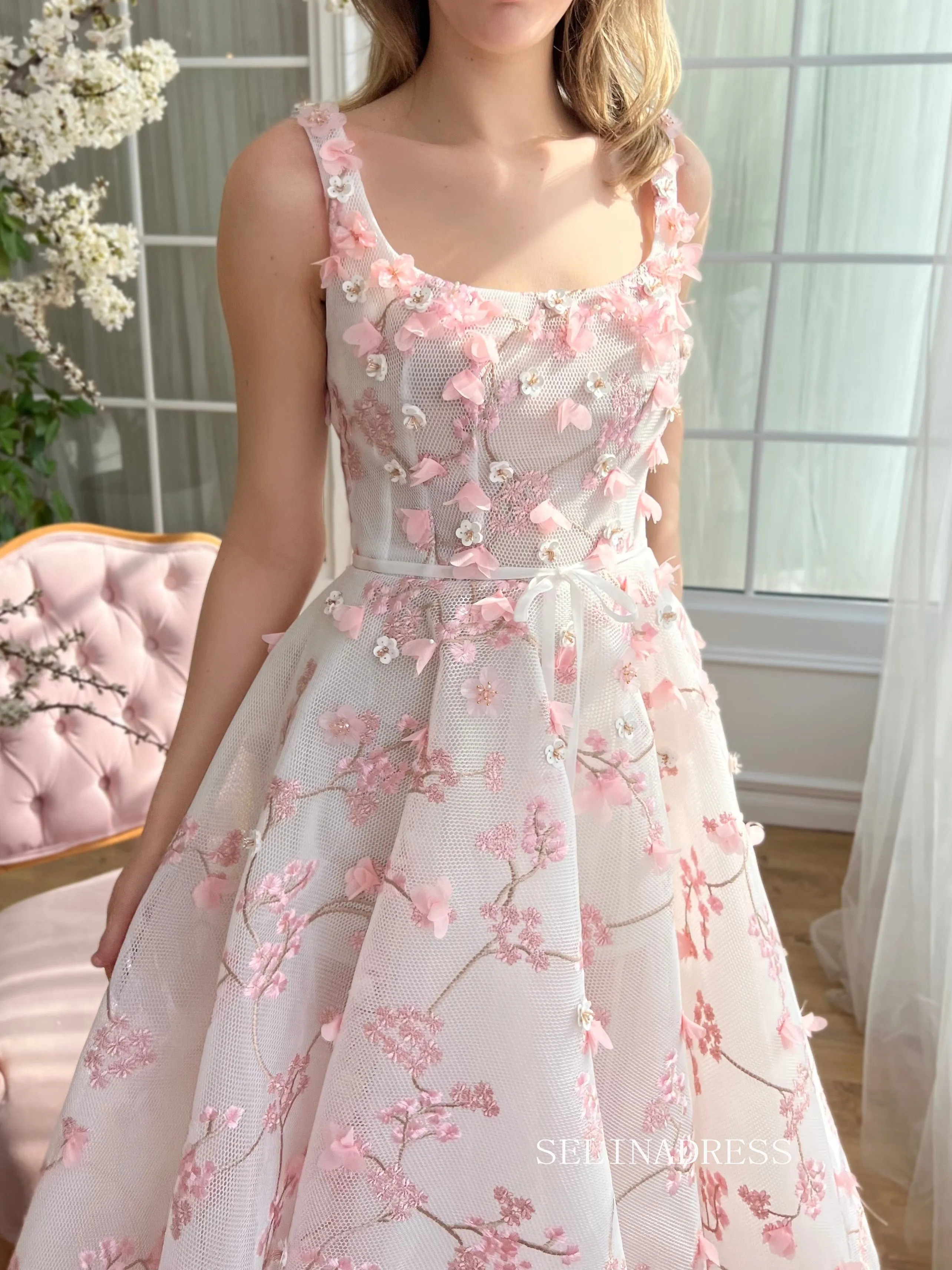 Dusty Pink Square Neck Midi Prom Dress 3D Flower Lace Tulle Party Dress JKL3130