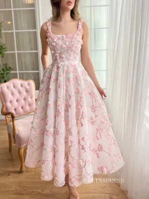 Dusty Pink Square Neck Midi Prom Dress 3D Flower Lace Tulle Party Dress JKL3130